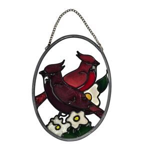 Suncatcher Cardinal Birds White Flowers Stained Glass Style Oval Appx 3.5 x 4.5